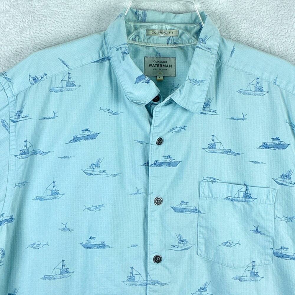 QuikSilver Waterman Hawaiian Camp Shirt Mens L Blue Fishing Boat AOP Nautical